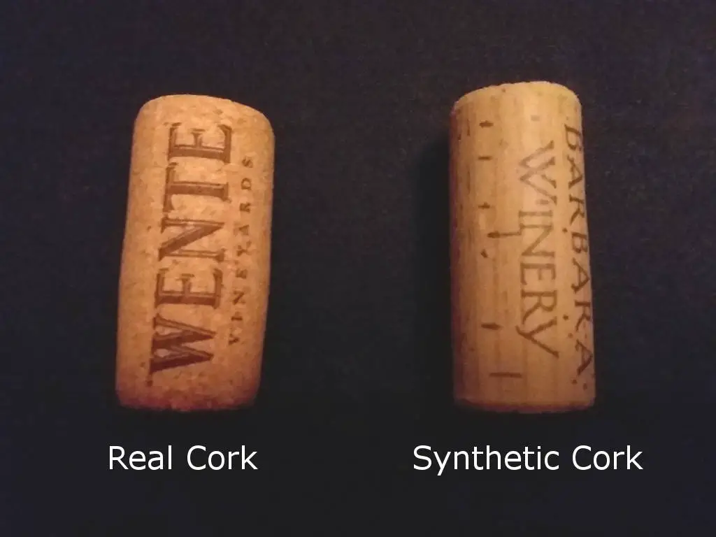 A real cork pictured next to a plastic cork