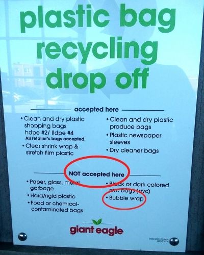 Plastic bag recycling drop off bin sign